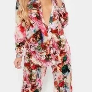 PrettyLittleThing Rose Femme Renaissance Print Shirt and Wide Leg‎ Pants Set NWT